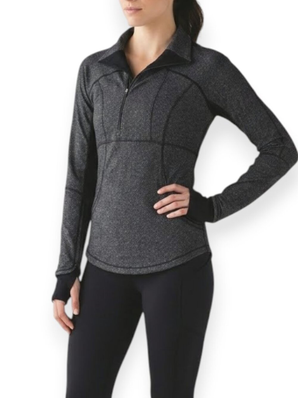 Lululemon Base Runner 1/2 Zip Herringbone Heathered Black Grey Pullover Size 6